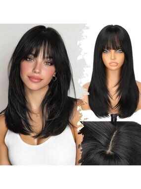 Women's Black Lightweight  Synthetic Realistic Scalp Straight Face Layers Wigs